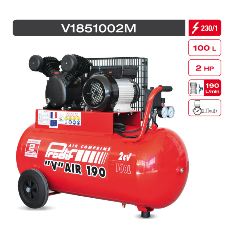 Compresseur Prodif V1851002M 100 L 2 CV 9 bar courroie fonte | Compresseur Direct