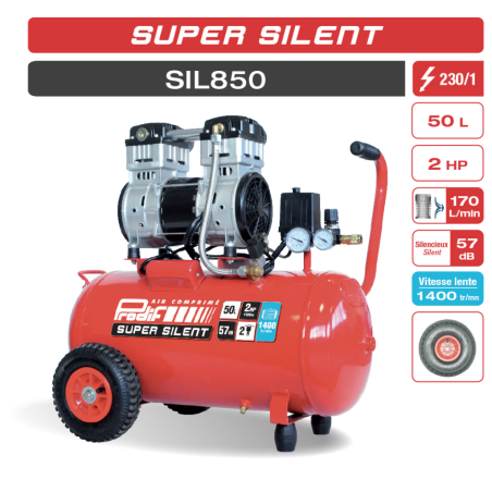 Compresseur silencieux Prodif SIL850 50 L 2 CV 57 dB sans huile | Compresseur Direct